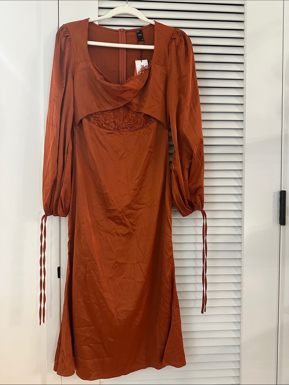 Cider Rust Long-Sleeve Midi Dress with Lace Insert (NWT)